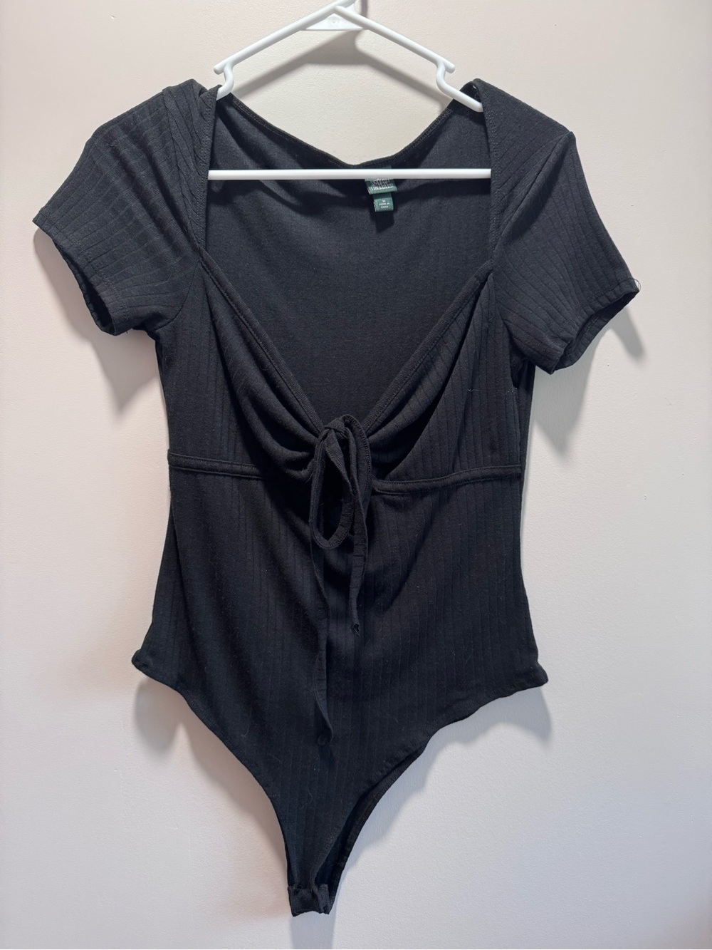 wild fable Black Ribbed Tie-Front Short Sleeve Bodysuit
